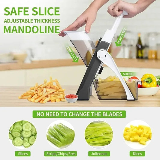 Adjustable thickness mandoline slicer with sliced vegetables on a kitchen counter